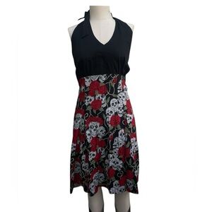 Black and Red Halter Dress with Skull and Rose Print